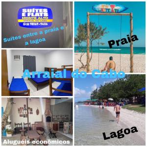 a collage of pictures of a beach with people on the beach at SUITEs E FLATs MONTE ALTO ARRAIAL DO CABO in Arraial do Cabo