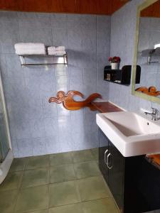 y baño con lavabo y espejo. en Atavai Hotel Rapa Nui en Hanga Roa