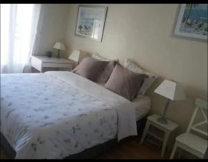 1 dormitorio con 1 cama blanca y 2 mesas en En plein coeur de Nice en Niza