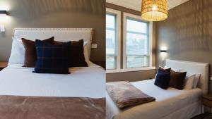 2 fotografias de um quarto com uma cama com almofadas em Stay Central The Penthouse em New Plymouth