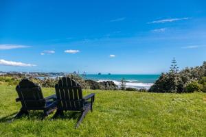 zwei Stühle sitzen im Gras nahe dem Meer in der Unterkunft Relax On Richmond Modern Large Beach House in New Plymouth