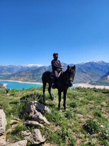Chimgan的住宿－Дом у подножия гор，骑着马在山顶上的人