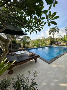 una piscina con banco y sombrilla en Kelingking Sunset Point Hotel & Spa, en Klungkung