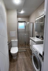 La salle de bains est pourvue de toilettes, d'une douche et d'un lavabo. dans l'établissement Varna downtown apartment, à Varna
