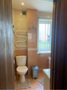 La salle de bains est pourvue de toilettes et d'un lavabo. dans l'établissement 2 bedroom apartment close to Kaunas airport in Karmelava, à Karmėlava