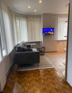 a living room with a couch and a flat screen tv at 2 bedroom apartment close to Kaunas airport in Karmelava in Karmėlava