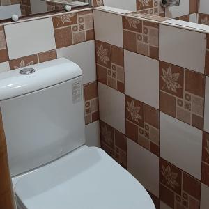 a white toilet in a bathroom with brown tiles at Dumaguete Oasis Treehouse in Dumaguete