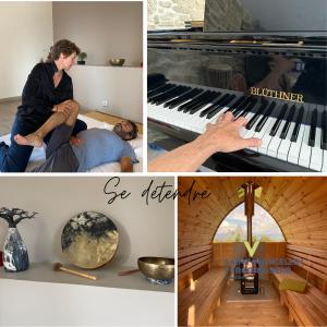 Eine Collage mit Fotos einer Frau, die Klavier spielt. in der Unterkunft Gites&chambres d hôtes Les granges du Fournel in Saint-Lattier