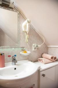 a bathroom with a sink and a mirror at Erika Apartmanház in Gyula