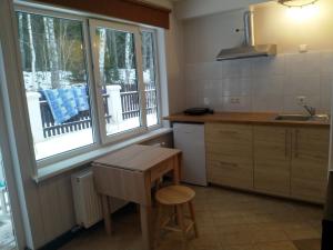 a kitchen with a table and a sink and two windows at Plieņciems Urgas in Plieņciems