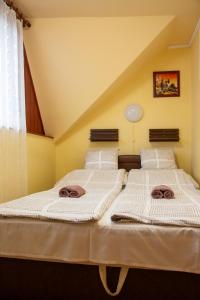 two beds sitting next to each other in a room at Erika Apartmanház in Gyula