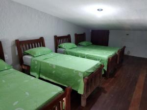 Cette chambre comprend 3 lits avec des draps verts. dans l'établissement Casa Prudente, à Olinda
