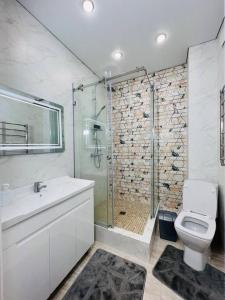 ein Bad mit einer Dusche, einem WC und einem Waschbecken in der Unterkunft Central Park Apartment in Almaty