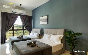 a bedroom with two beds and a large window at Alanis & Core Soho Suite KLIA-KLIA2 By DreamScape in Sepang