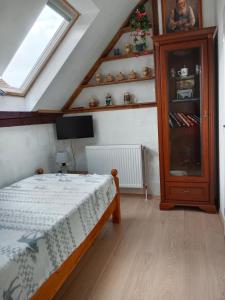 een slaapkamer met een bed, een kast en een televisie bij Chalupa u dědy in Dlažkovice