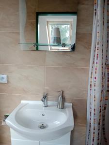een badkamer met een witte wastafel en een spiegel bij Chalupa u dědy in Dlažkovice