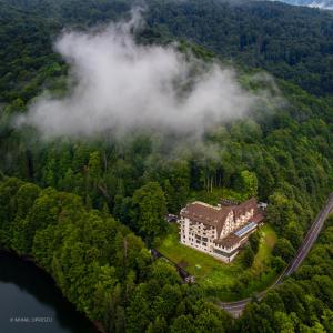 an aerial view of a building in the middle of a forest at Hotel Valea cu Pesti in Căpăţîneni-Ungureni