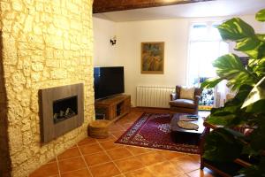 sala de estar con chimenea y TV en Maison Vermeille Emplacement exceptionnel, en Argelès-sur-Mer