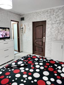 a room with a door with a polka dot carpet at Studio 10 in Mamaia Sat/Năvodari