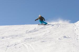 a person is skiing down a snow covered slope at Ferienwohnung Tannenblick - 3 Schlafzimmer, Feldberg-Falkau in Hinterfalkau