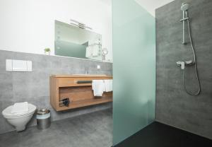 a bathroom with a toilet and a sink and a mirror at Appartements Alpengarten in Mallnitz +152 photos