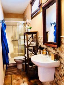 W łazience znajduje się umywalka, toaleta i lustro. w obiekcie Casita Bellavista with great views in Mozaga w mieście Mozaga