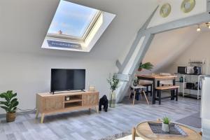 een woonkamer met een tv en een dakraam bij Nuance de gris ~ Hyper centre ~ Mon Groom in Troyes