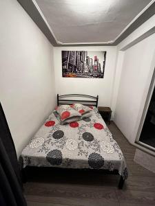 1 cama en un dormitorio con una foto en la pared en Casa Bucovineană, en Iaşi