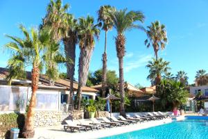 - une piscine avec des chaises longues et des palmiers dans l'établissement Malibu Village, à Canet