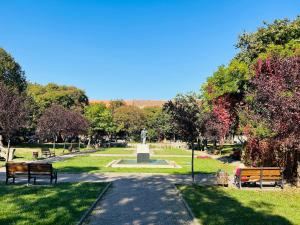 un parco con panchine e fontana al centro di Kinsley Apartament 2 a Timişoara