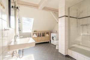 a bathroom with a sink and a shower and a toilet at Schloss - Apartments an der Uni - Klinik in Dresden
