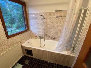 ein Bad mit einer Badewanne und einer Dusche mit einem Fenster in der Unterkunft Ferienhaus Schuchter in Sautens