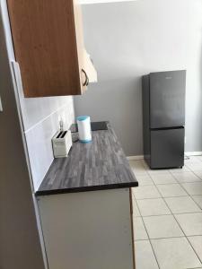 Una cocina con encimera y refrigerador. en Gqeberha Self Catering Apartments, en Kensington