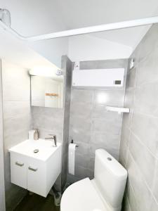 a white bathroom with a toilet and a sink at Bégonias Appartement T3 Avenue de Lodève in Montpellier