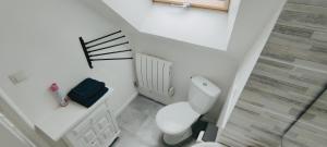 an overhead view of a bathroom with a toilet at Double gite, Duplex et Chaleureuse petite maison in Beaumont-sur-Sarthe +18 photos