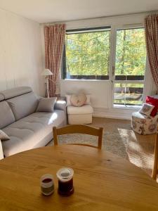 a living room with a couch and a table at Studio montagne gentianes in Isola 2000