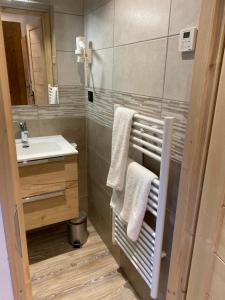 ein Badezimmer mit einem Waschbecken und einem weißen Handtuchhalter in der Unterkunft Le Chalet des Sommets in Arvieux