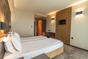 a hotel room with a bed and a television at Kalithea Family Hotel in Sozopol