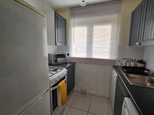 a small kitchen with a stove and a microwave at Home in Beckton. Docklands. London City Airport. in London