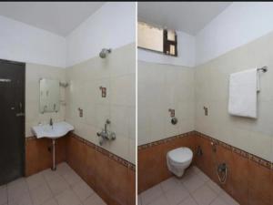 Duas fotografias de uma casa de banho com WC e lavatório. em Hotel Jagdish em Raipur