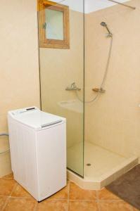 a shower with a glass door next to a trash can at Traditional house in Fres in Karés