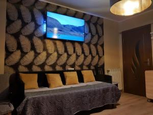 a bedroom with a bed and a flat screen tv on a wall at Apartament Silva Busteni in Buşteni