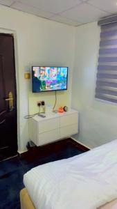 a bedroom with a bed and a flat screen tv on the wall at HOUSE 27 HABITAT in Lagos