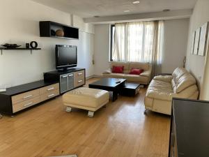a living room with a couch and a flat screen tv at Bucharest City Center Apartment in Bucharest