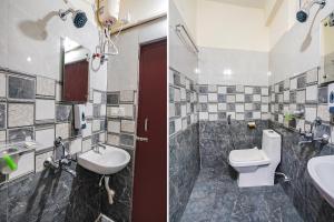 twee foto's van een badkamer met toilet en wastafel bij FabHotel Sri Karthikeya Grand in Hyderabad