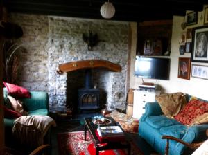 a living room with a blue couch and a fireplace at Five Saints Farmhouse B&B in Pumpsaint