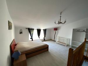 1 dormitorio con cama y lámpara de araña en La Salamandre, en Savigné