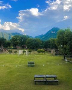 two benches in a field with mountains in the background at The Offbeat Lounge in Udaipur