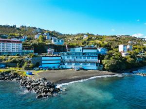 una vista aerea di un edificio blu sulla spiaggia di Fevzi Hoca Butik Hotel a Trabzon