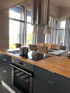 een keuken met een aanrecht en een fornuis bovenste oven bij Villa Vilmala in Sääskilahti
